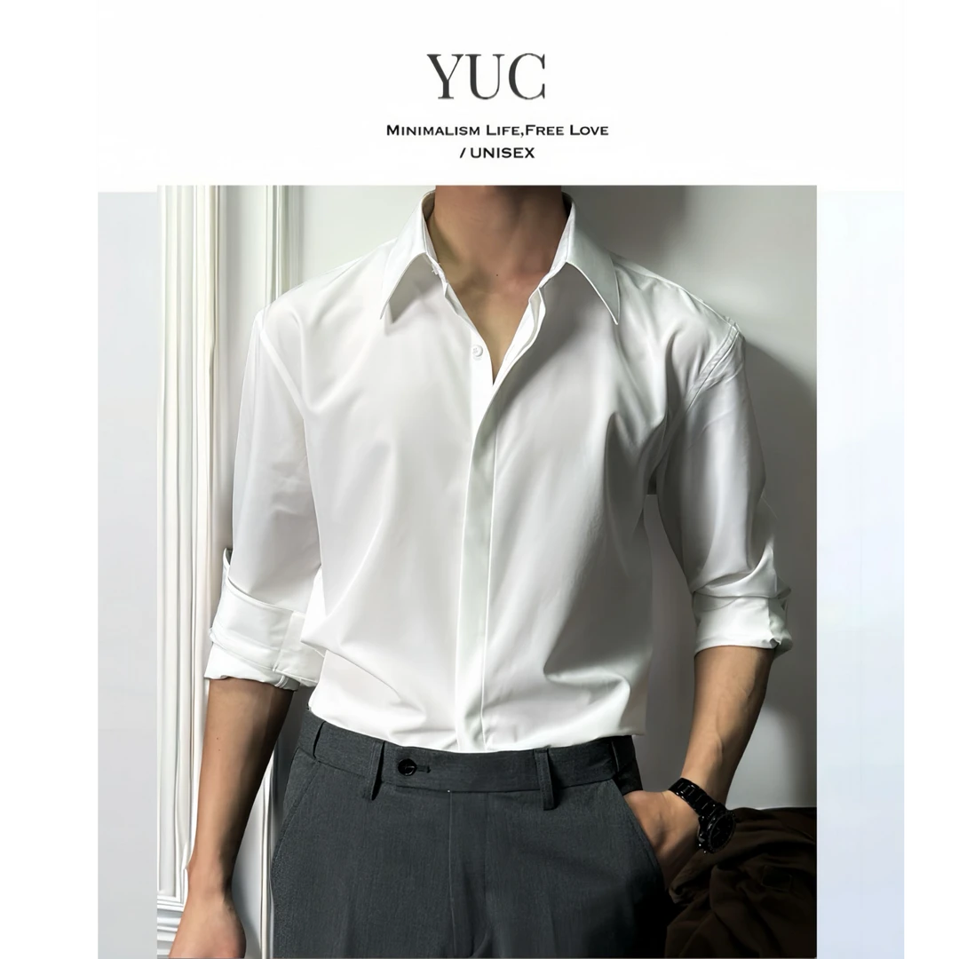 【YUC】2025春夏宽领休闲衬衣长袖衬衫隐藏门襟垂感纯色男商务百搭