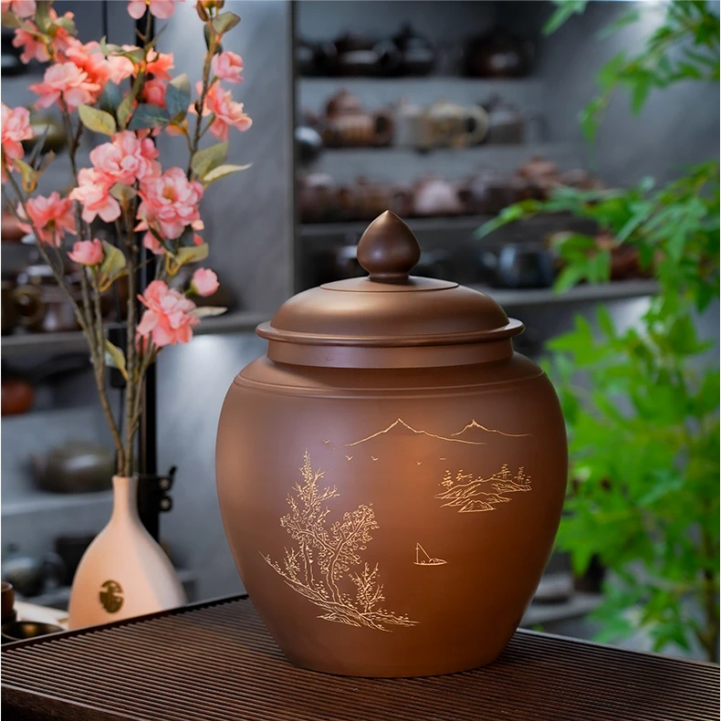 本陶手作【4-5斤】坭兴陶将军罐刻绘大容量茶叶储存罐（手工痕迹）