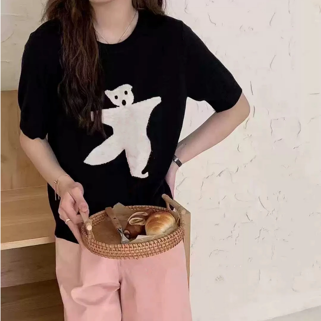 511 祺欣家 韩版小熊图案短款简约风高级感显气质时尚减龄针织衫