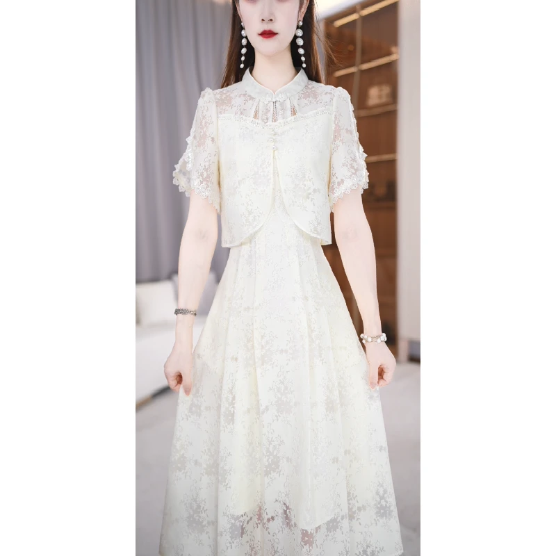 【连衣裙】夏季新款立领轻薄透气镂空舒适感中长款连衣裙M-4XL