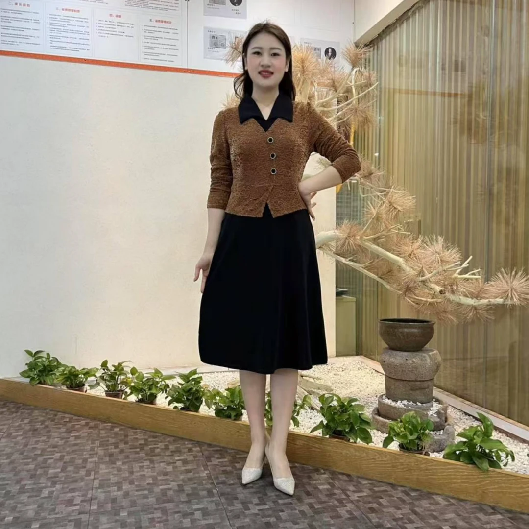 新款春秋连衣裙女时尚妈妈装假两件拼接裙子J收腰显瘦中长款裙子