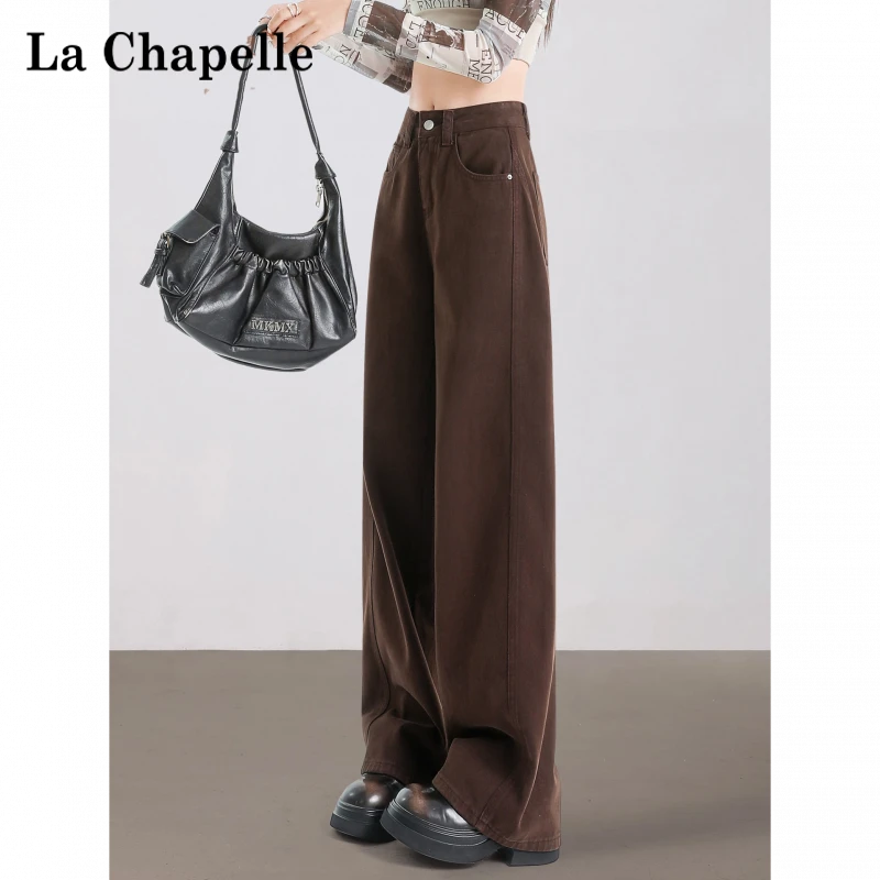 拉夏贝尔复古咖色裤子弯刀裤女秋冬美式长裤高腰显瘦阔腿牛仔裤