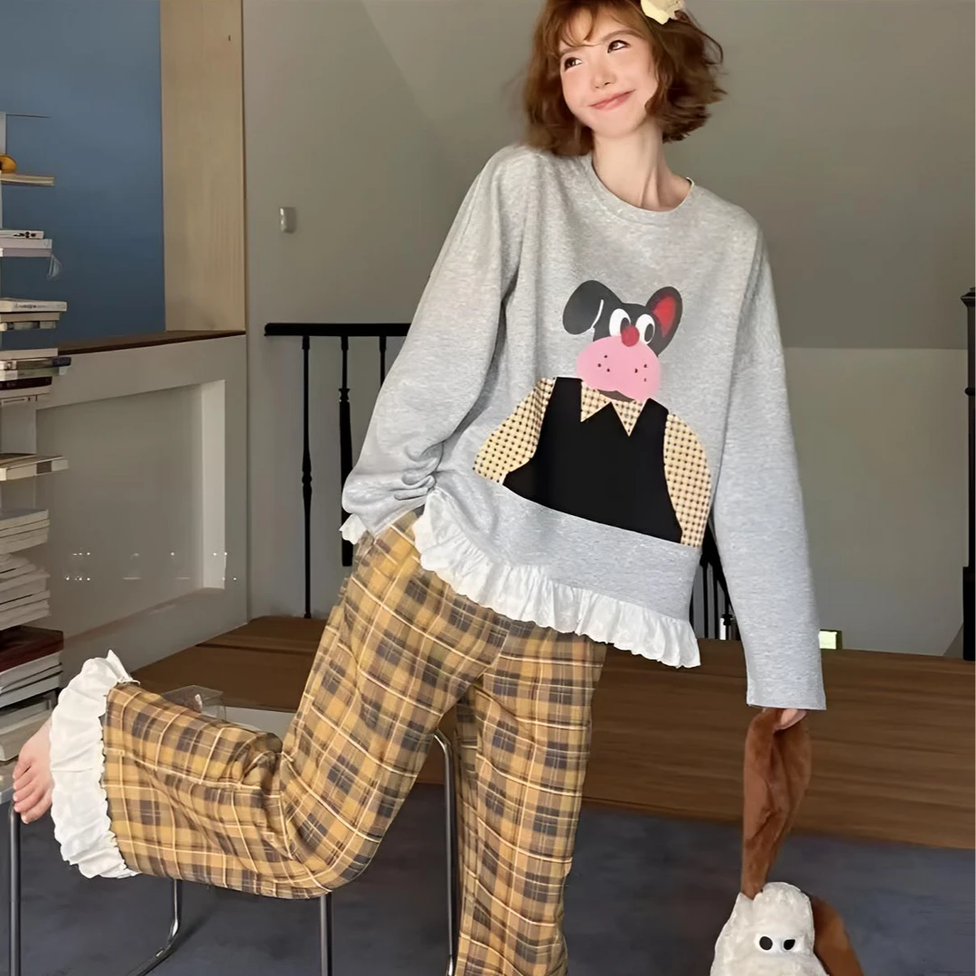 格子双面纯棉长袖睡衣女套装秋冬新款女士家居服外穿017