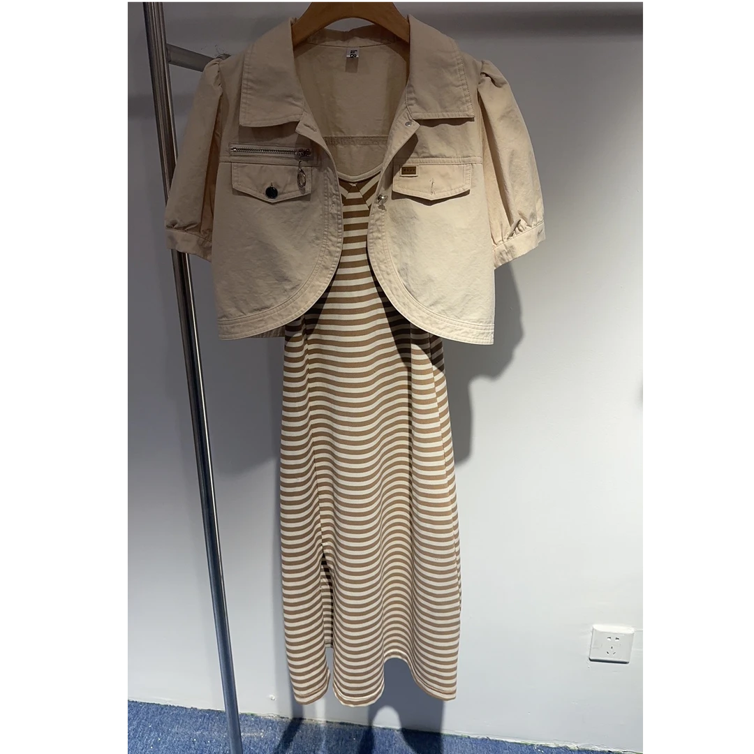 YQ421355时尚休闲通勤条纹牛仔连衣裙两件套装