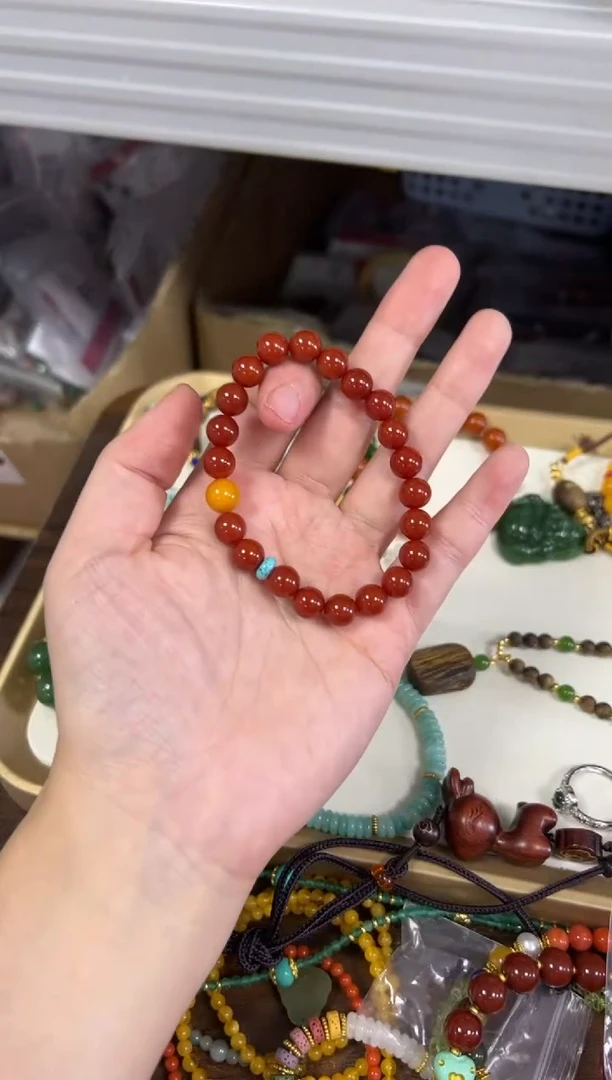 未镶嵌手链玛瑙/玉髓柿子红玛瑙蜜蜡顶珠款手串8M[0490]