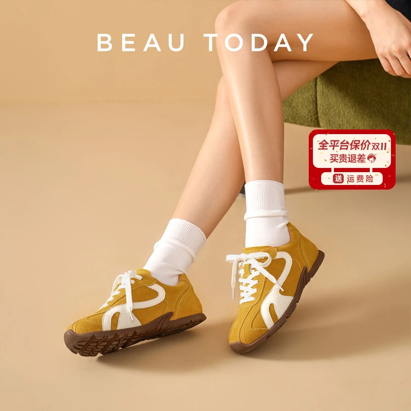 BeauToday【真皮赛车鞋】撞色牛反绒德训鞋子女款美式平底防滑运动