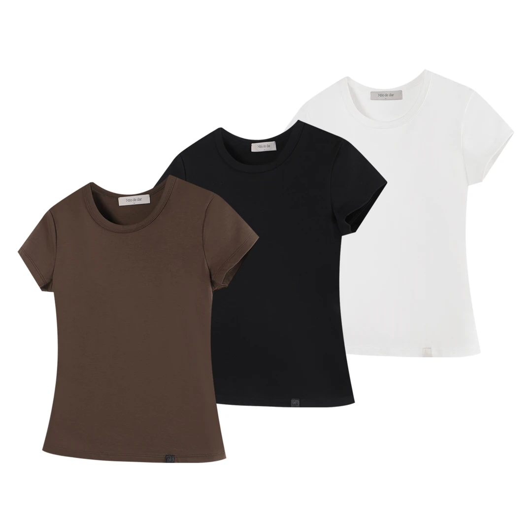 「周年款」Mito de dar 匹马棉正肩小飞袖圆领弹力修身显瘦短袖T恤