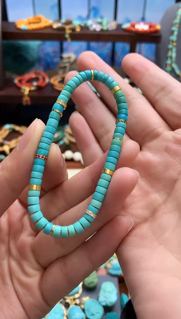 18K金镶嵌绿松石手链高瓷精工丝绒直切单圈