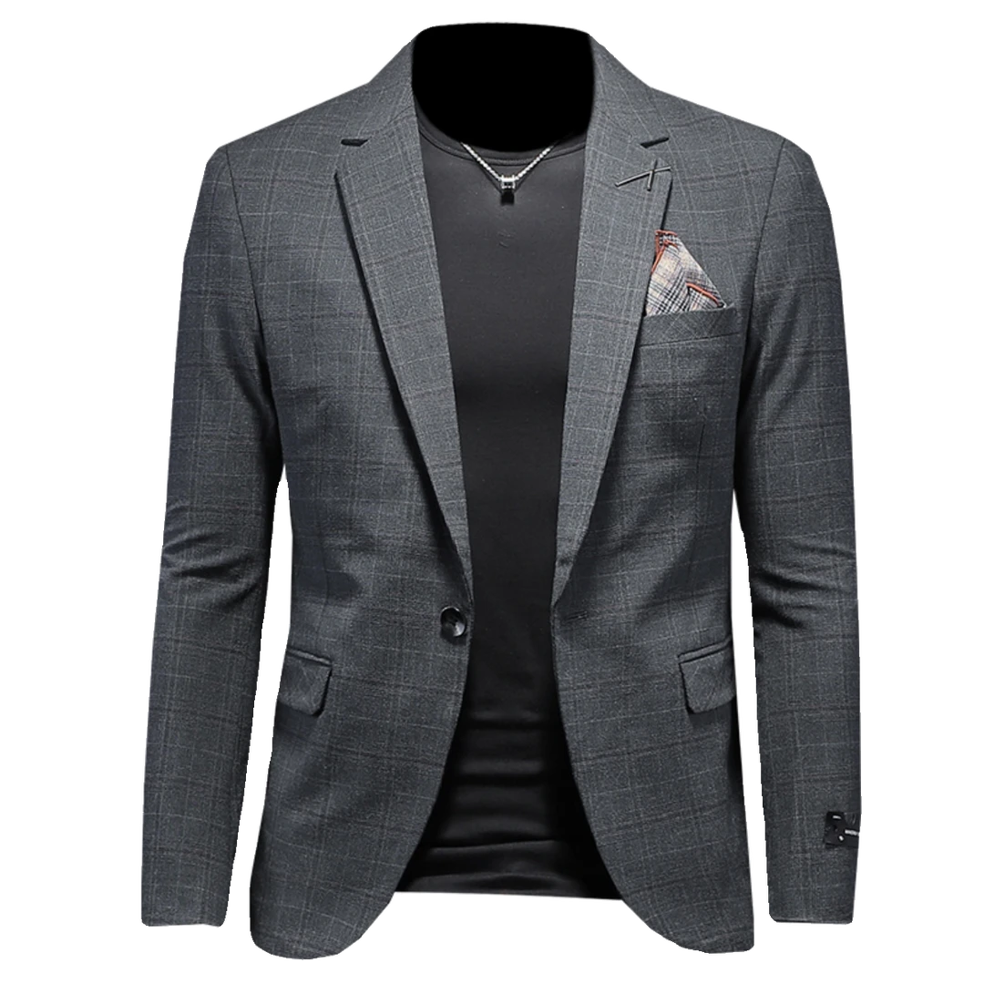 罗尔基那斯春季新款格子西装男韩版潮流休闲后开叉英伦风修身单西