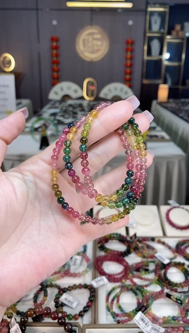 未镶嵌冰透体老矿碧玺彩虹三圈手串5mm+碧玺hon多样性发一条