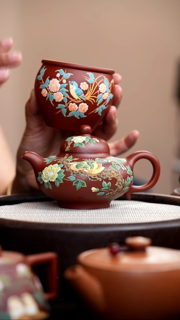 茶壶紫砂粗砂大红袍华颖泥绘双鸟+杯