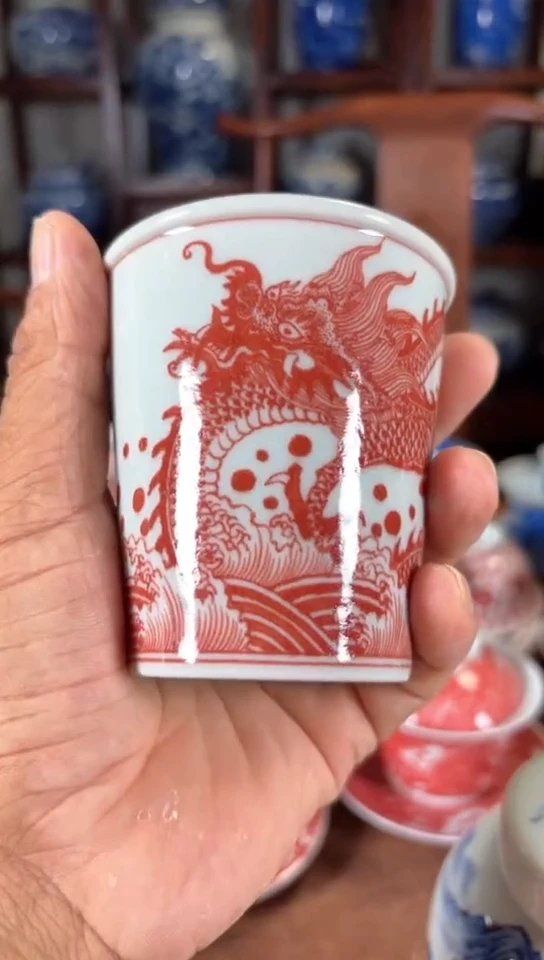 柴窑釉里红龙行天下可乐杯