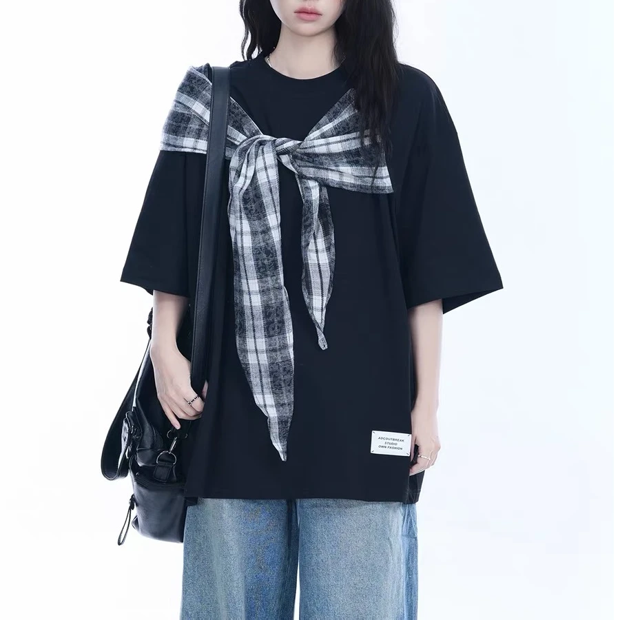 美式百搭设计感蝴蝶结拼接黑色短袖T恤男女宽松潮牌半袖tee夏季