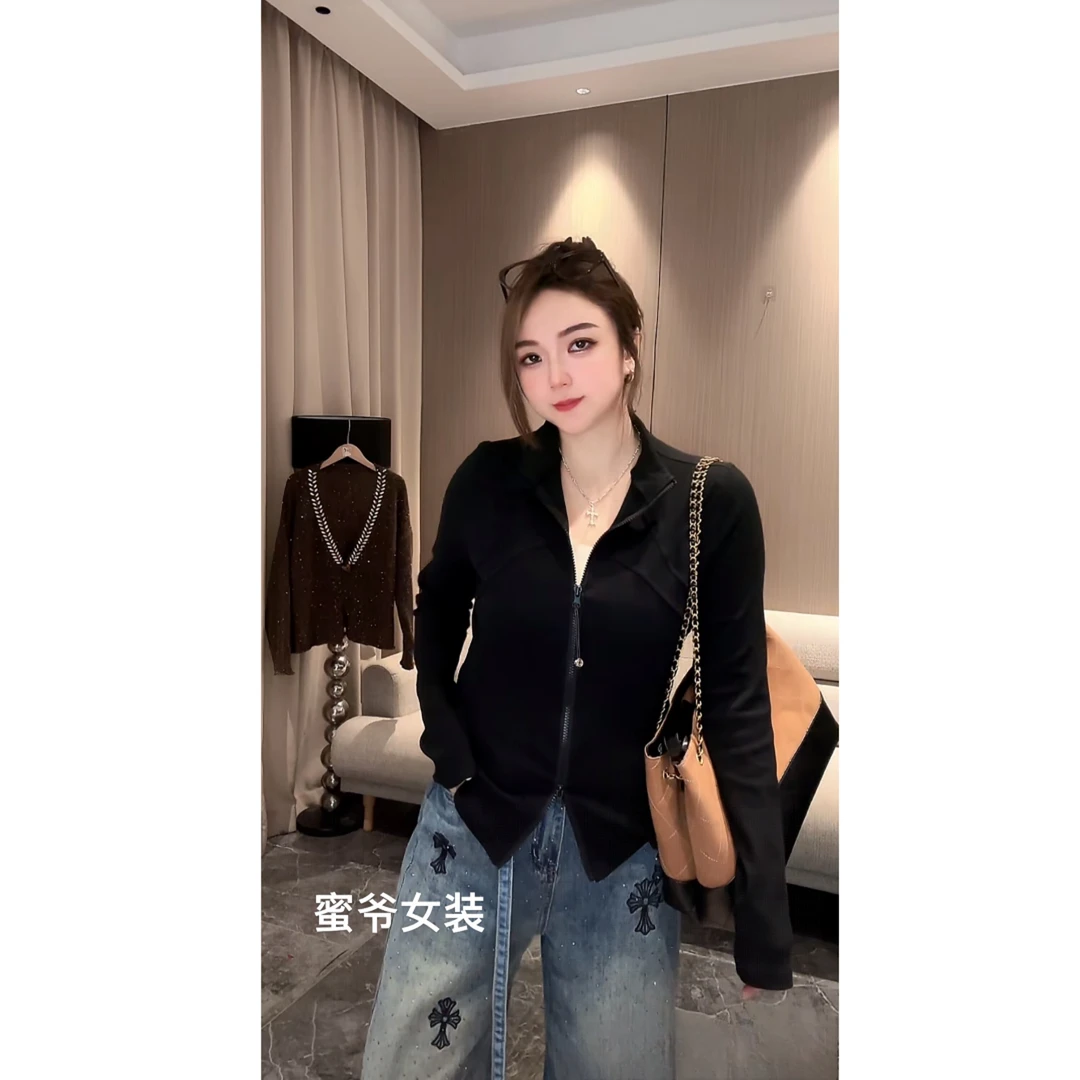【蜜爷家】秋季双拉链鱼骨显瘦修身半高领上衣25628#