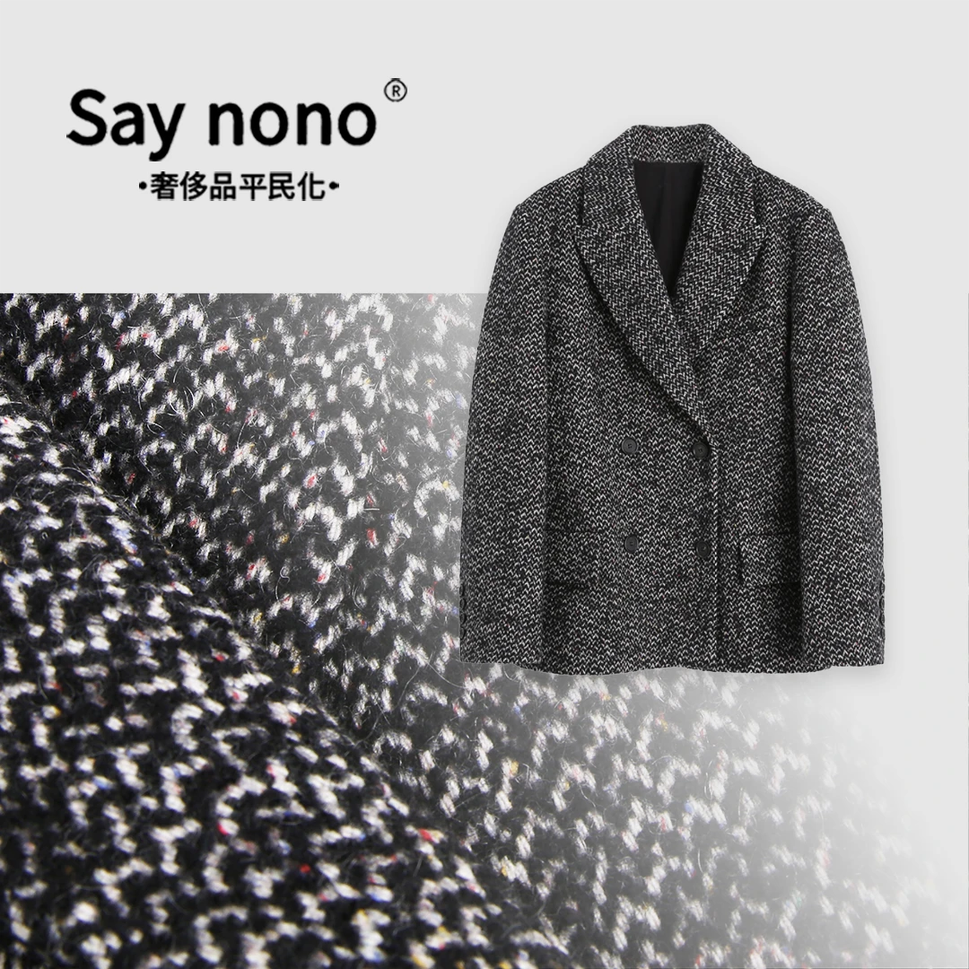 懒猫nono│Saynono 彩色花纱＿高奢羊驼毛人字纹毛呢大衣/JWLLW04