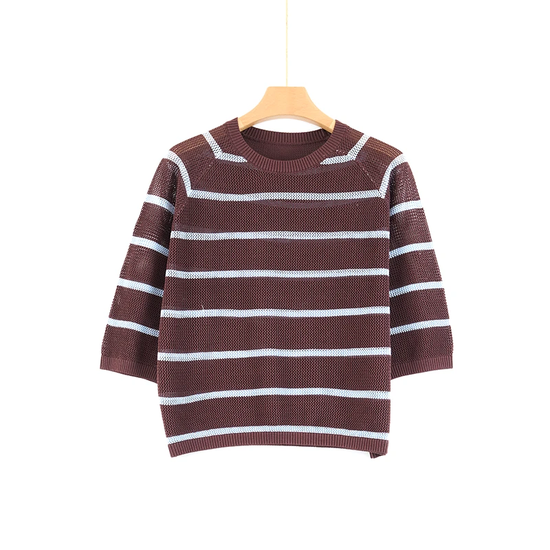 MUMENG/慕蒙优选【100%桑蚕丝】新款女士时尚条纹针织短袖-MUM5560T