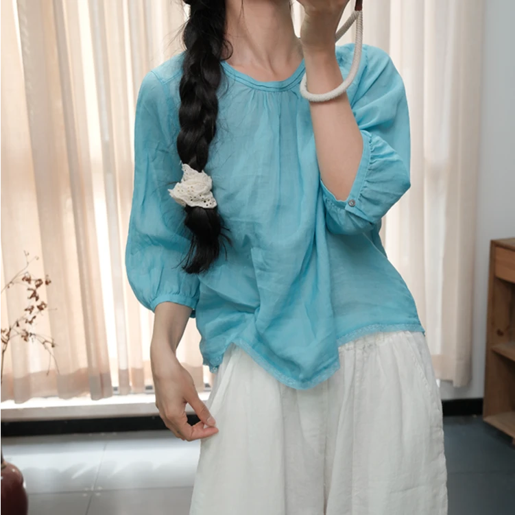 2025夏季时尚新款文艺甜美圆领纯色减龄气质百搭后排扣衬衫上衣