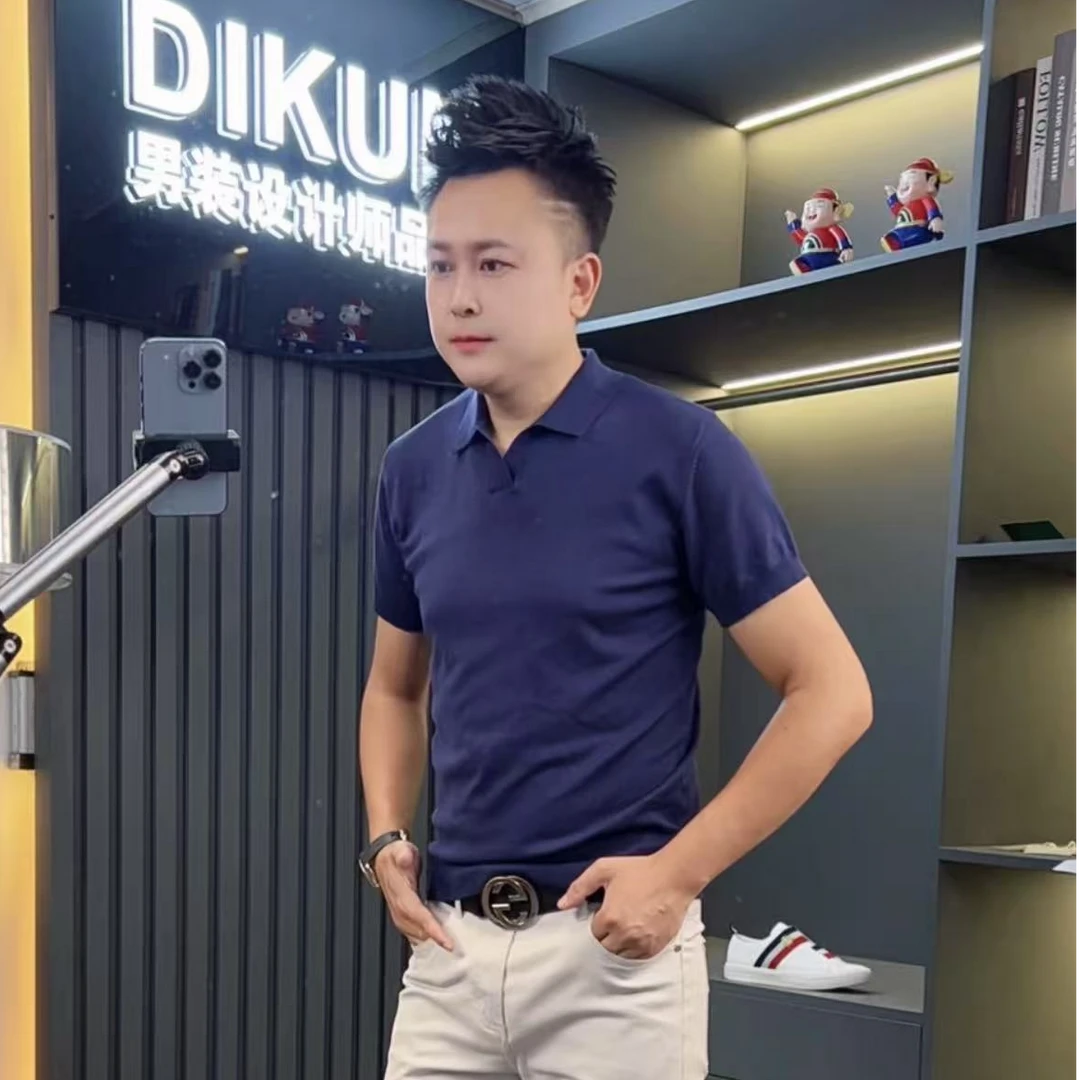 2025夏季新款针织短袖男士翻领休闲针织T恤透气男士纯色上衣弹力