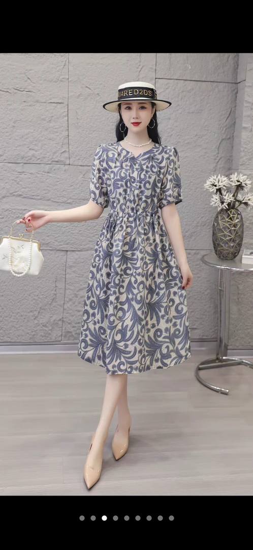 【小老弟】藏蓝花高级印花连衣裙时尚显瘦中长款裙子