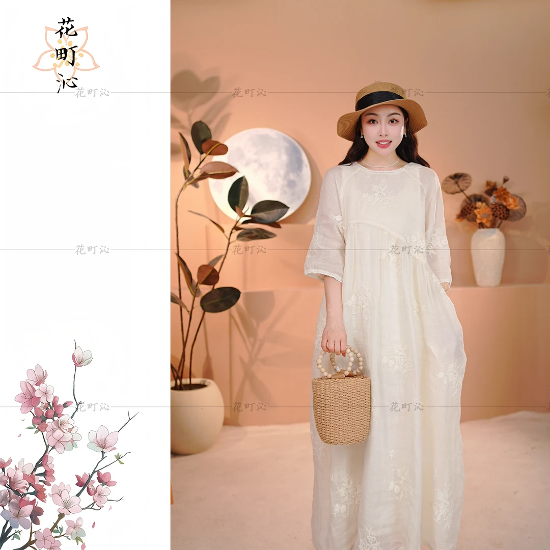 5016  女士上新圆领刺绣气质夏季长款优雅苎麻时尚仙气温柔连衣裙