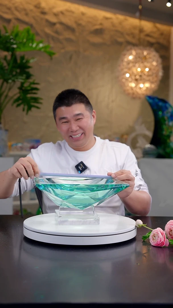 摆件湖水绿色方形切面果盘+底座+糖果