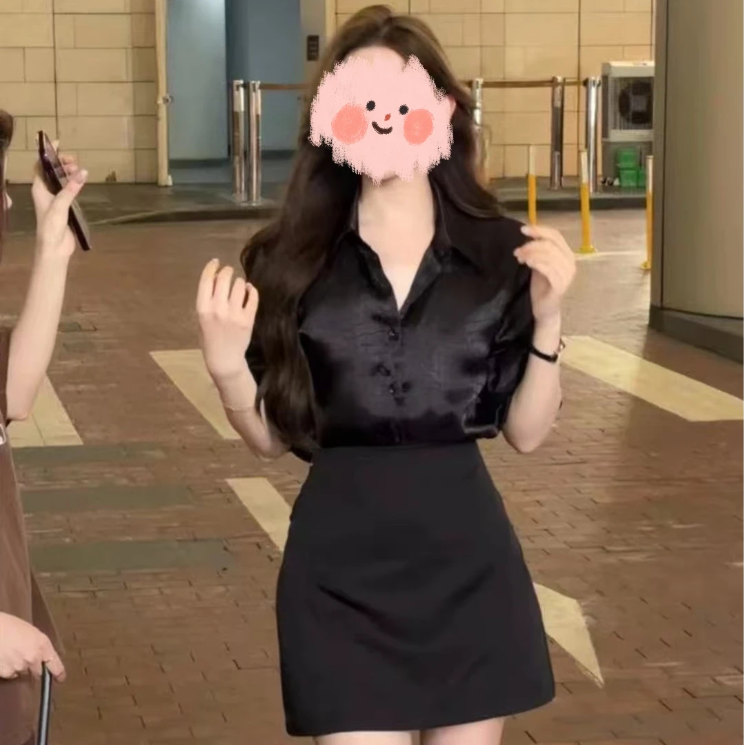 长夜星光早春新款韩系高级感气质黑色翻领长袖衬衫+高腰短裙套装