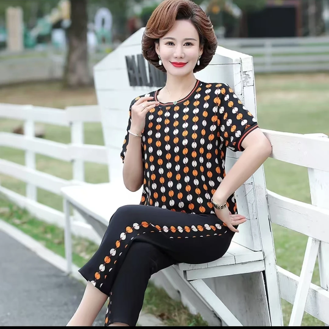 8657-新款妈妈夏装时尚圆领衫女士洋气小衫洋气套装C14-2-1