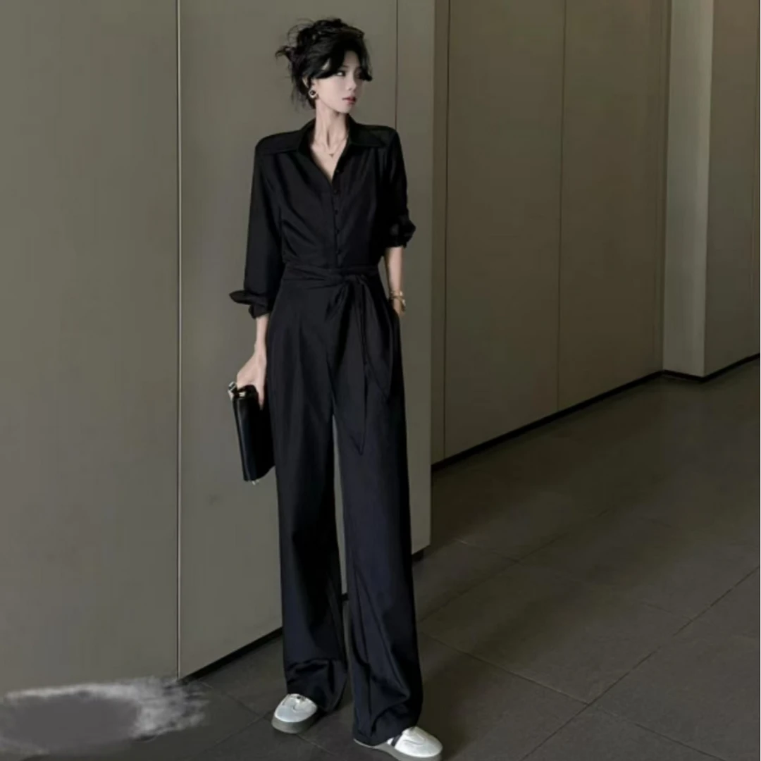 早春法式小众设计套装黑色时尚气质衬衫+高腰束腰裤子上下装套装