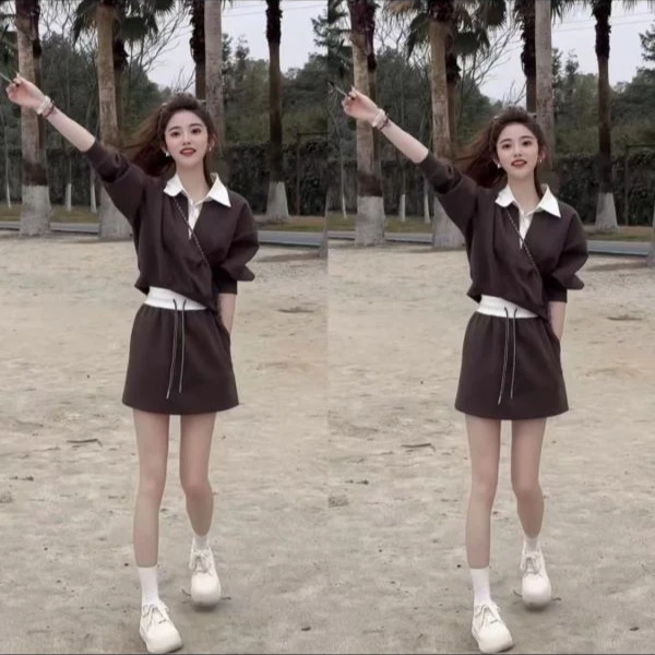 【套装裙】2025时尚洋气显瘦拼色领设计休闲学院风简约卫衣套装裙