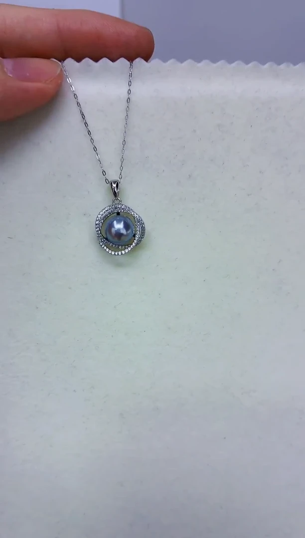 银S925镶嵌DA海水珍珠灰珠吊坠8-9 y789