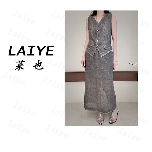 LAIYE夏上新老钱风V领亚麻西装马甲半身裙两件套装单排扣气质优雅