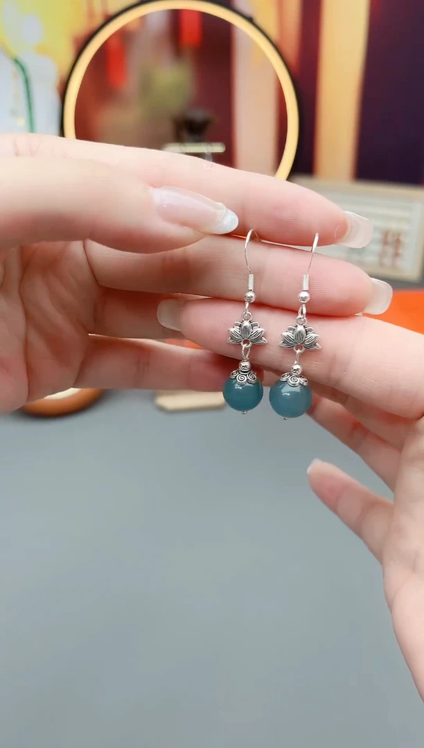 石英质玉（天山翠）银S925镶嵌耳饰237000