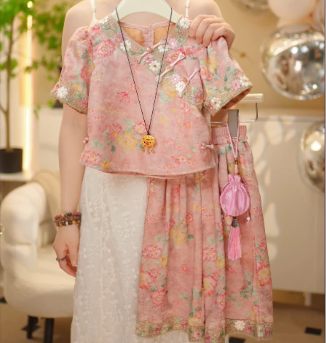 2025夏季新款女童休闲洋气百搭时尚无袖粉色国风套装