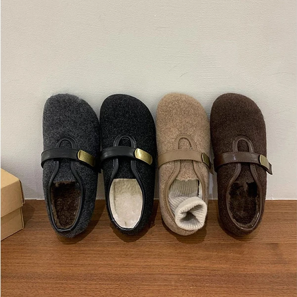 厚底毛呢加绒勃肯鞋女2025秋冬新款灰色保暖棉鞋平底玛丽珍毛毛鞋