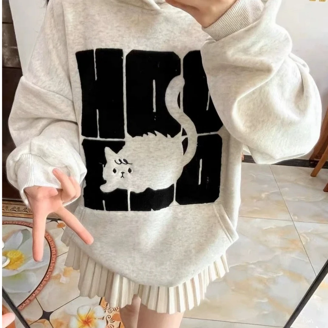 慵懒风加绒猫咪刺绣连帽卫衣女宽松休闲秋冬潮流小众嘻哈情侣上衣
