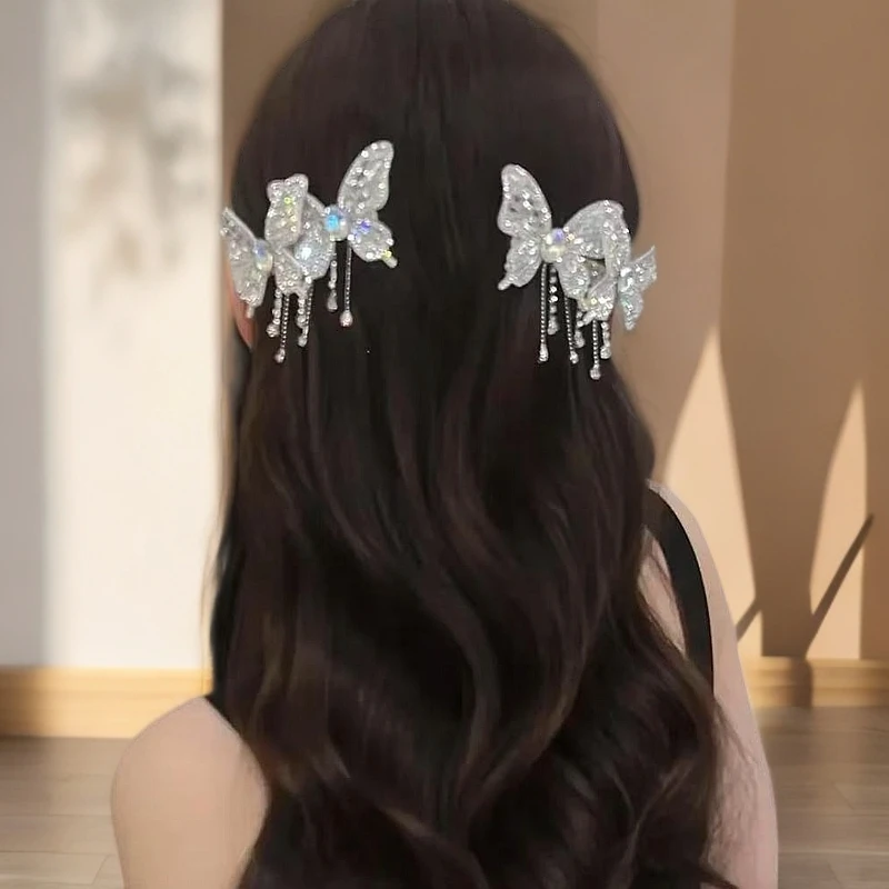 新款水钻夏季清爽闪钻蝴蝶鸭嘴夹精致侧边刘海夹甜美一字夹发夹