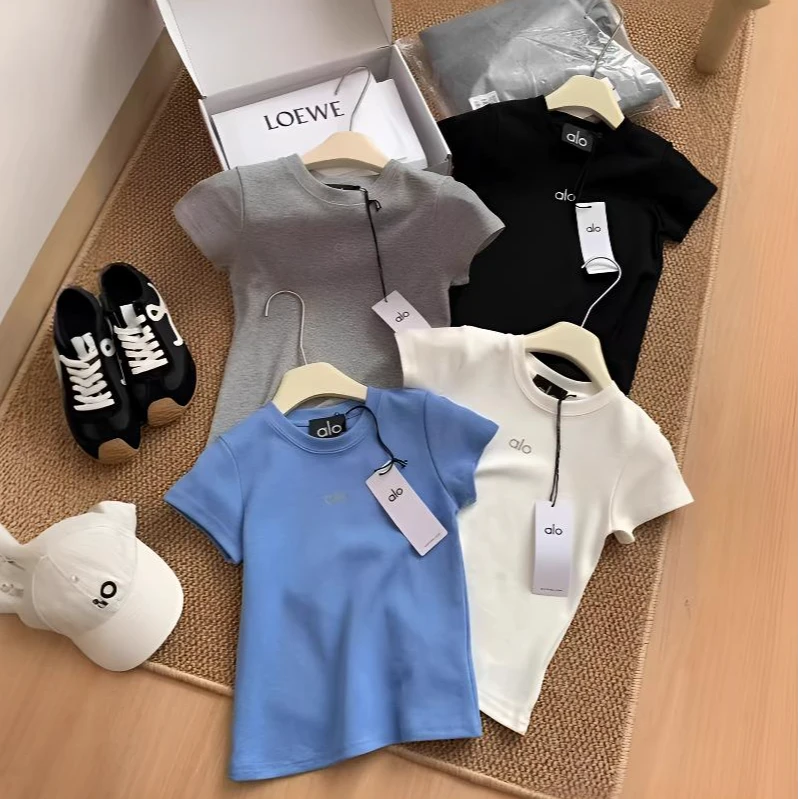 mimi独家alo辣妹小众短袖T恤女圆领修身正肩健身纯棉运动上衣女