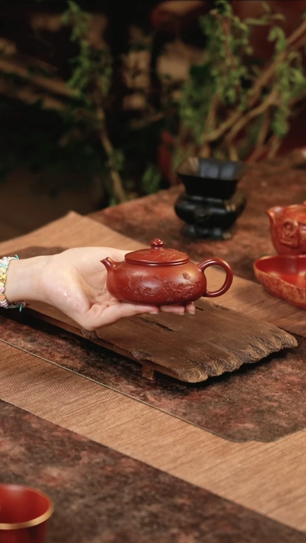 茶壶紫砂梅花寒江 朱泥