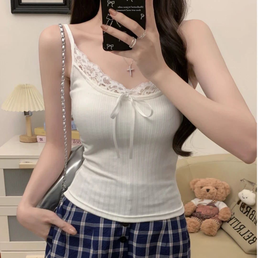 韩系温柔蕾丝边蝴蝶结带胸垫吊带背心女夏季纯欲百搭显瘦上衣潮L