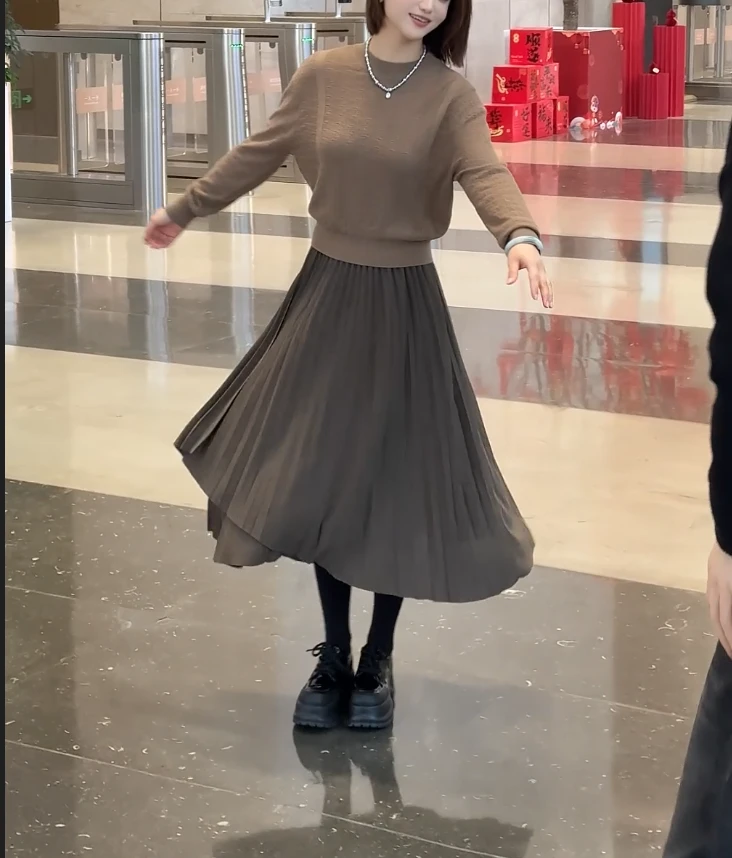 春季新款高腰半身裙女不规则百褶裙大摆长裙