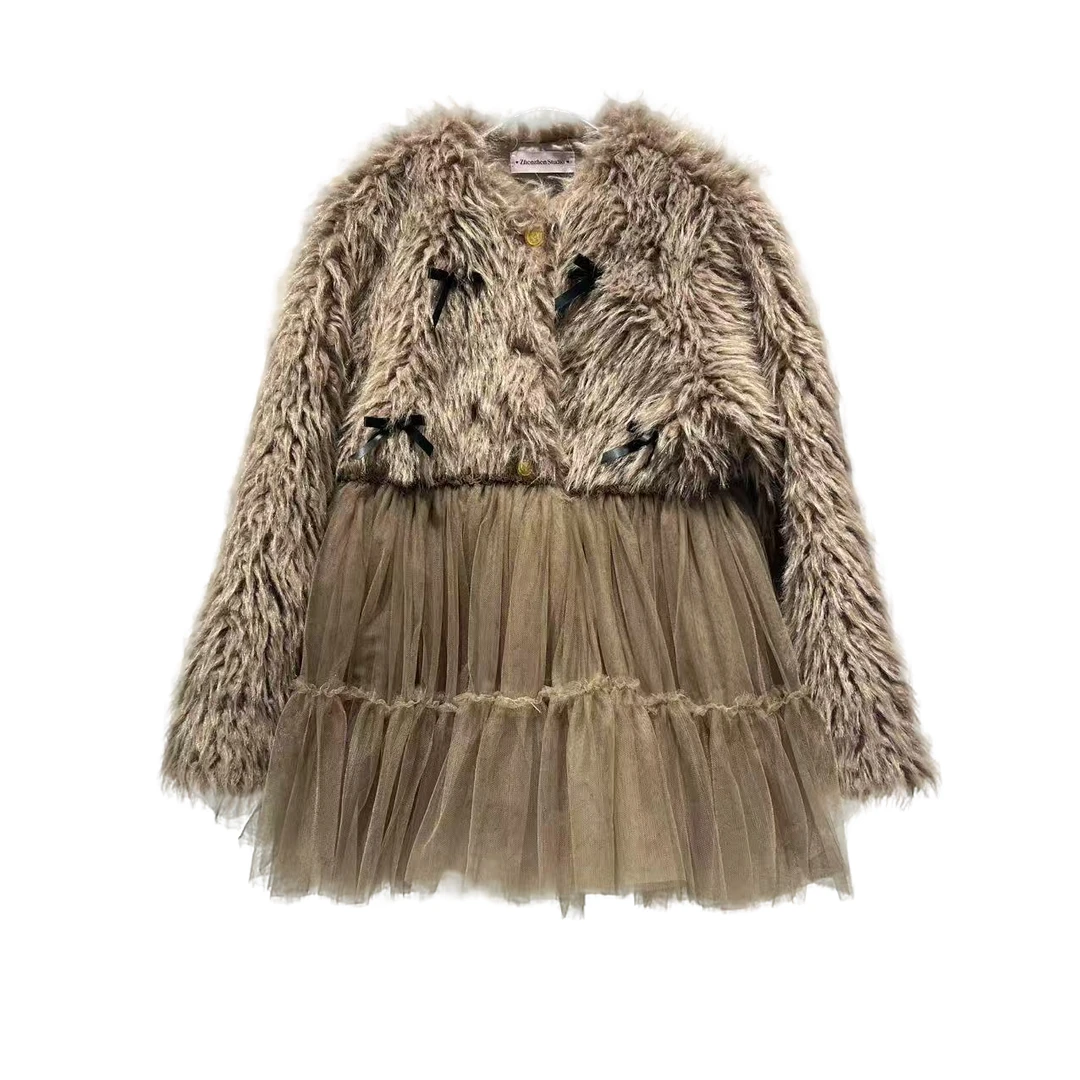 4122【珍珍优选】设计师新款拼接纱纱冬季长袖女装连衣裙