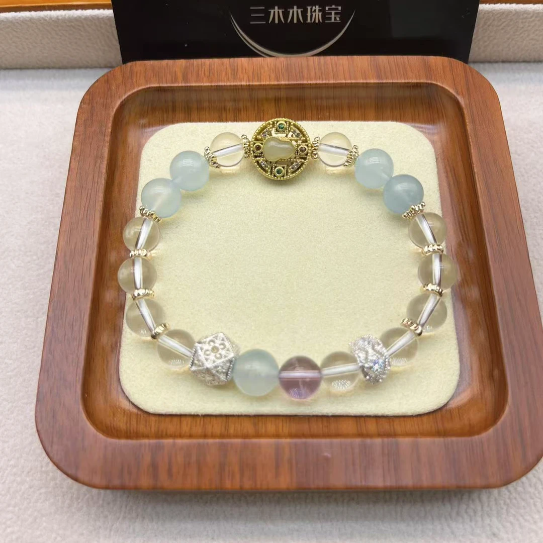 51天然水晶手串白水晶海蓝宝紫水晶女生手串原创设计款