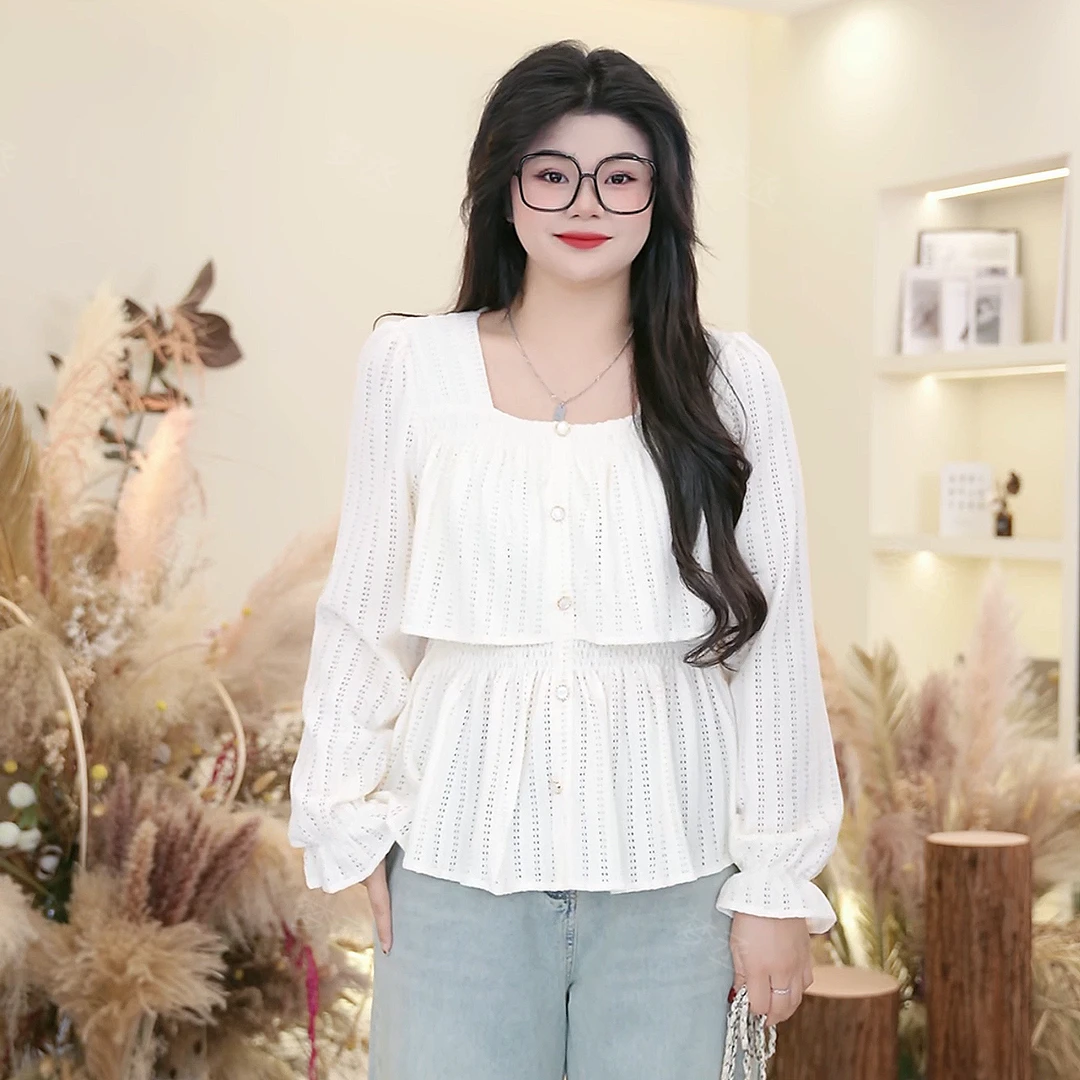 梦丞-微胖妹妹设计感上衣方领荷叶边温柔百搭宽松显瘦长袖针织衫