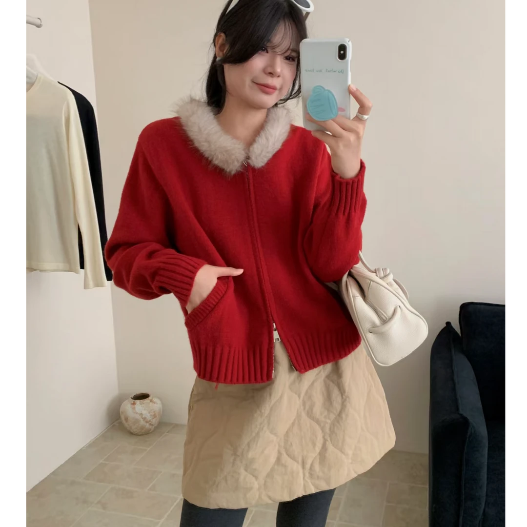 韩系氛围感慵懒风宽松大毛领连帽毛衣外套女秋冬新款针织开衫上衣