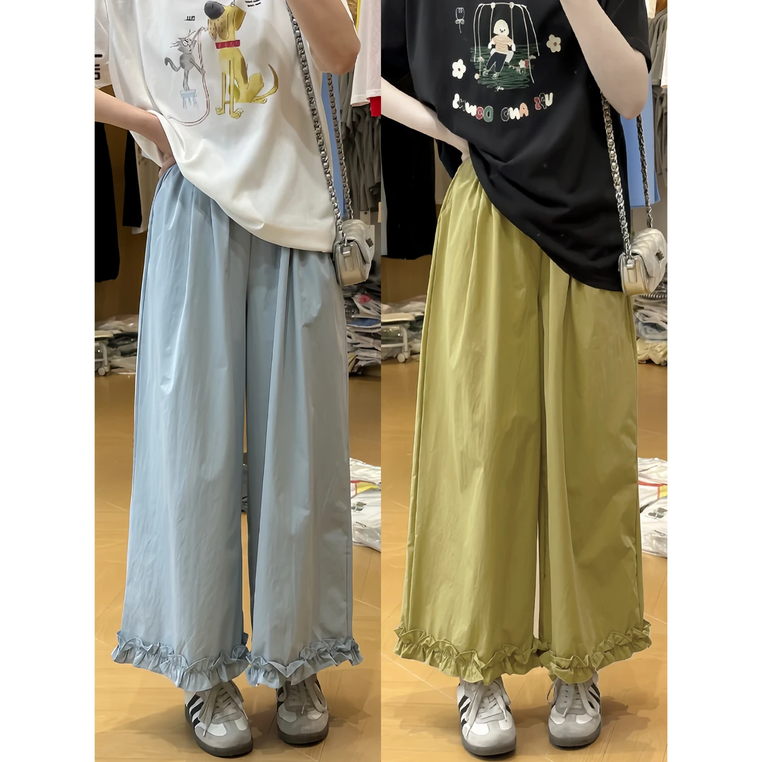 设计感木耳边麻料阔腿裤女夏薄款小个子高腰宽松显瘦九分休闲裤裙