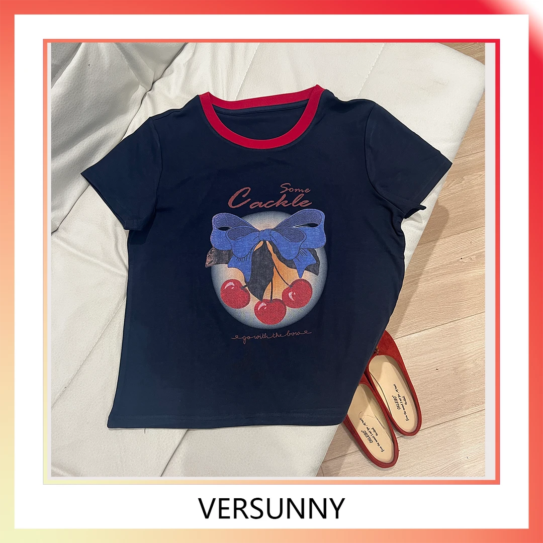 (3450)撞色领设计女款修身显瘦百搭舒适樱桃印花T恤