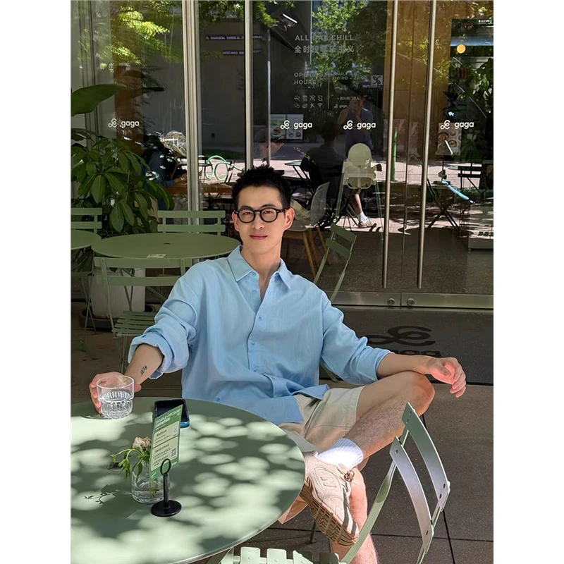 韩系天丝亚麻长袖衬衫男夏季慵懒风松弛感休闲开衫衬衣外套