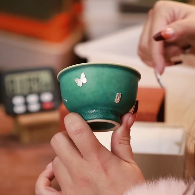 锯银青绿蝴碟反口杯大容量主人杯 A10869