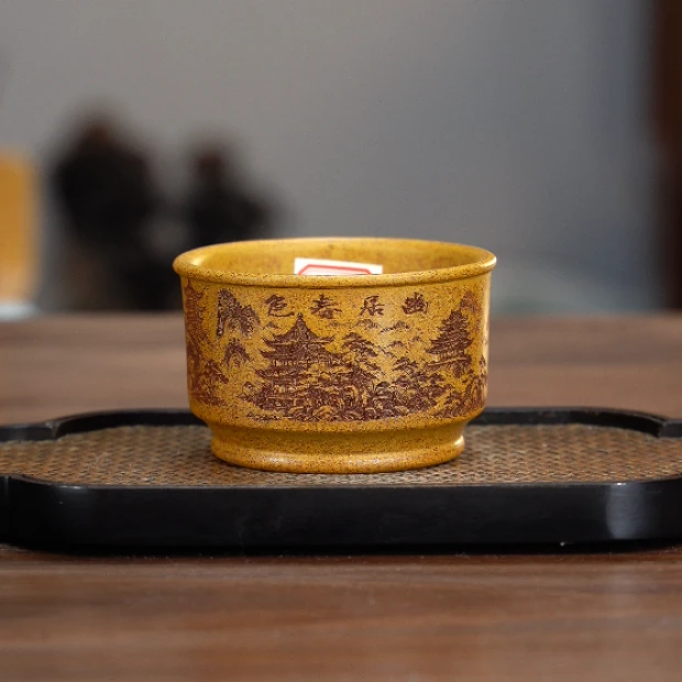 1082宜兴紫砂茶具黄金段泥柴烧刻绘幽居春色150cc左右XY