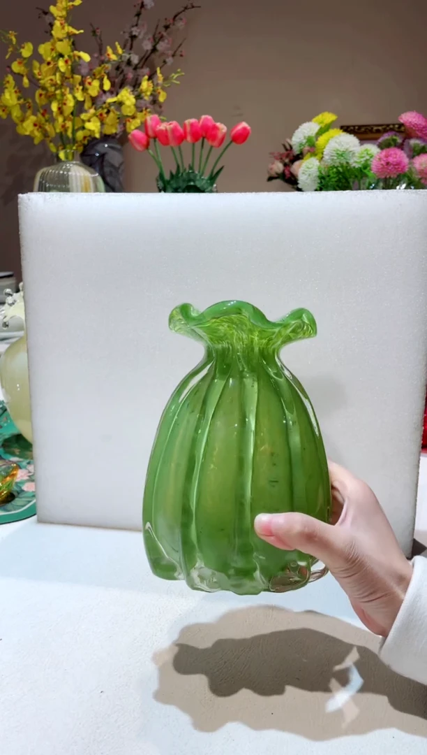 【闪购商品】琉璃手工艺品 青绿色 荷包花瓶+一只粉色 莫奈花